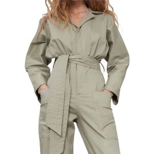 ZARA Khaki Green Belted Long Utility Jumpsuit